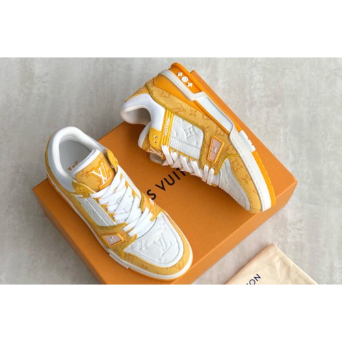 Louis Vuitton 1A9JHB Trainer sneaker on Yellow Monogram denim and Monogram-embossed grained calf leather
