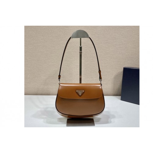 Prada 1BD311 Prada Cleo brushed leather shoulder bag with flap in Brown Leather