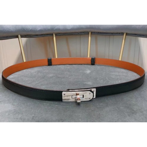 Womens Hermes 17mm Kelly Belts Silver Buckle in Black Epsom Leather