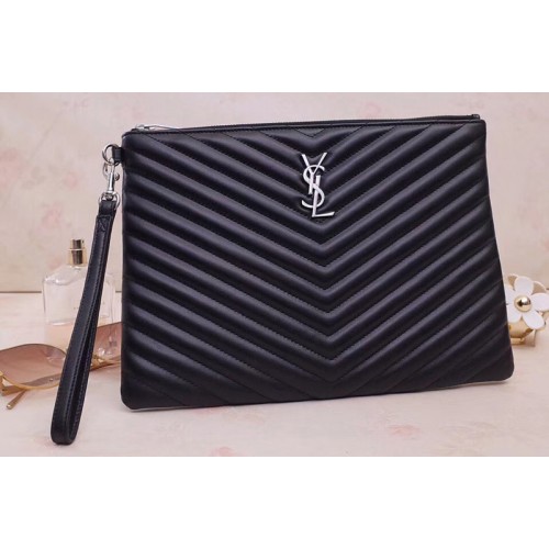 YSL Monogram Tablet Pouch In Black Matelasse Leather Silver Hardware YSL Monogram Tablet Pouch In Black Matelasse Leather Silver Hardware