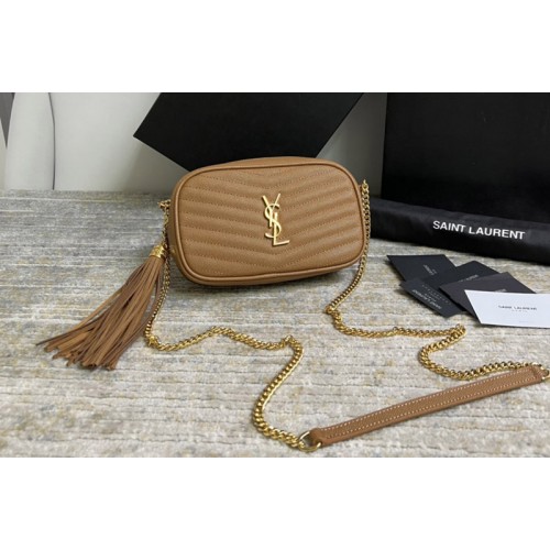 YSL LOU MINI BAG IN Brown QUILTED GRAIN DE POUDRE EMBOSSED LEATHER