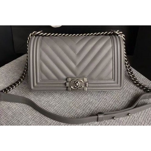 Chanel Le Boy Original Chevron Grey Leather Shoulder Bags 67086 Silver Chain Chanel Le Boy Original Chevron Grey Leather Shoulder Bags 67086 Silver Chain