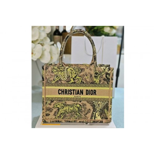 Dior M1265 Small Dior Book Tote Bag in Raffia with Lemon Yellow Toile de Jouy Sauvage Embroidery