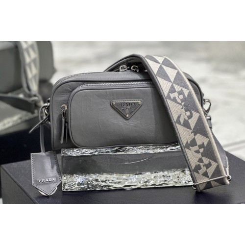 Prada 1BH198 Nappa antique leather multi-pocket shoulder bag in Grey Leather