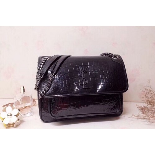 YSL Niki Small Bag in Black Embossed Crocodile 